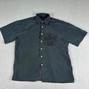 Bamboo‎ Cay Button Down Shirt Hawaiian Dark Blue Embroidered M Hula Girl Palm